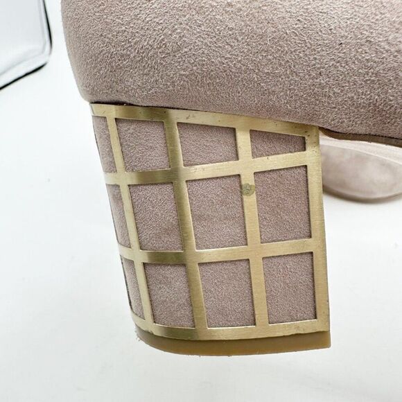 Brian Atwood‎ Karina Taupe Suede Block Heel Pumps With Gold Grid Heel Design 10 - Picture 15 of 16